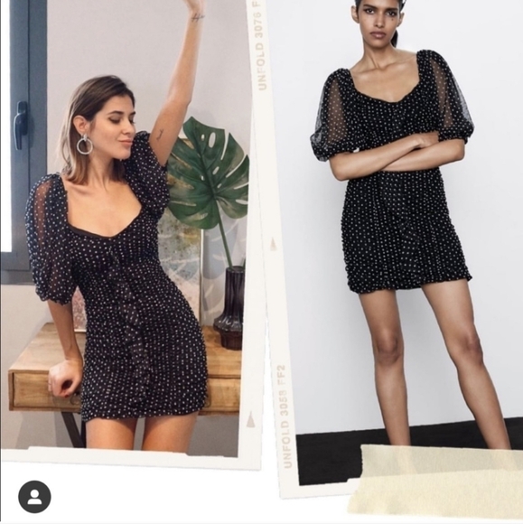 Zara polka dot mesh shirred mini dress puff sleeves black white xs - Picture 6 of 16